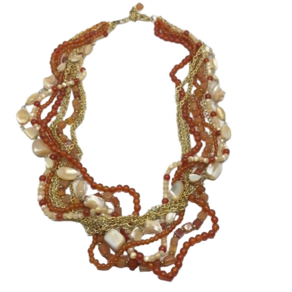 𝅺Multi layer chain mop shells carnelian beads summer statement necklace boho.